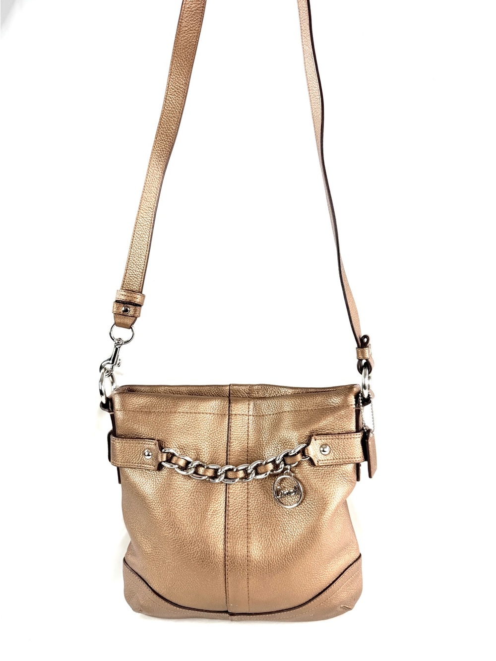 COACH F19722 Bronze Shimmer Leather Duffle Shoulder Crossbody Purse Chain Charm